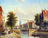 Town Canvas Paintings - View of a town with figures strolling on a quay